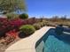 Lush backyard pool area with colorful bougainvillea, desert landscaping, and golf course view at 41716 N Laurel Valley Way, Anthem, AZ 85086