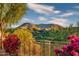 Scenic backyard view with mountain backdrop, lush landscaping, and a metal fence at 11157 E Greenway Rd, Scottsdale, AZ 85255
