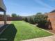 Backyard with artificial grass and trimmed hedges by block wall at 4866 N 185Th Dr, Goodyear, AZ 85395