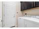 Laundry room with washer, dryer, cabinets, and door at 26180 W Firehawk Dr, Buckeye, AZ 85396