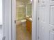 Clean bathroom with shower/tub combo, granite vanity, and tile flooring at 16530 N 114Th Dr, Surprise, AZ 85378