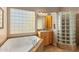 Bathroom with a soaking tub, glass-block shower, and wood vanity at 22719 N 93Rd St, Scottsdale, AZ 85255