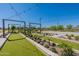 Inviting common area with turf lawn, decorative landscaping, pergola, string lights and basketball court for outdoor enjoyment at 11029 E Ulysses Ave, Mesa, AZ 85212