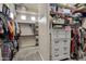 Spacious walk-in closet with custom shelving, closet rods and carpet floors at 321 N Portland Ave, Gilbert, AZ 85234