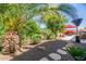Landscaped backyard with gravel, stepping stones, and lush greenery at 1806 E Azafran Trl, Queen Creek, AZ 85140