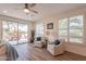 Cozy sitting area with two armchairs, a small table, and sliding glass doors to the patio at 1806 E Azafran Trl, Queen Creek, AZ 85140