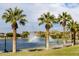 Calm lake with palm trees and rainbow over water fountain at 17765 W Summit Dr, Goodyear, AZ 85338