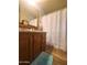 Bathroom with wood vanity, shower/tub combo, and a bird-themed shower curtain at 650 N Hawes Rd # 3702, Mesa, AZ 85207