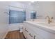 Modern bathroom with white cabinets and blue tile shower at 1357 E Cherrywood Pl, Chandler, AZ 85249