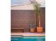 Landscaped poolside area with potted plants and a bench at 7301 E Claremont St, Scottsdale, AZ 85250