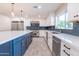 Modern kitchen with white cabinets, blue tile backsplash, and stainless steel appliances at 11252 N 37Th St, Phoenix, AZ 85028