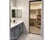 Bathroom featuring a walk-in closet and blue vanity at 28414 N 101St Pl, Scottsdale, AZ 85262