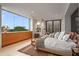 Main bedroom with stunning views, built-in wood cabinets, and plush bedding at 9821 E Sundance Trl, Scottsdale, AZ 85262