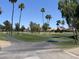 View of a beautiful golf course with palm trees and a paved pathway at 11111 E Elmhurst Dr, Sun Lakes, AZ 85248