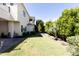 Landscaped backyard with grassy lawn, hedges, and brick patio at 3928 E Crittenden Ln, Phoenix, AZ 85018