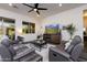 Relaxing living room with gray couches, coffee table, and fireplace at 605 N Star Ct, Apache Junction, AZ 85119