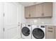 Modern laundry room with washer, dryer and cabinets at 7175 E Camelback Rd # 601, Scottsdale, AZ 85251