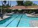 Community lap pool with a volleyball net and lounge area at 1817 E Hayward Ave # 3, Phoenix, AZ 85020