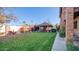 Landscaped backyard with a pergola and grassy lawn at 8280 S Pecan Grove Cir, Tempe, AZ 85284