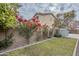 Landscaped backyard with bougainvillea, grass, and a storage shed at 1060 W Silver Creek Rd, Gilbert, AZ 85233