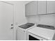 Bright laundry room with white Samsung washer and dryer and gray cabinets at 16508 N 71St Ave, Peoria, AZ 85382