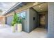 Modern entryway with gray walls, large planters, and a dark wooden door at 2942 N 81St Pl, Scottsdale, AZ 85251