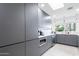 Modern kitchen with gray cabinets and a herringbone tile backsplash at 2942 N 81St Pl, Scottsdale, AZ 85251