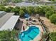 Aerial view of backyard featuring a sparkling pool, brick fireplace, and inviting patio area perfect for entertaining at 4024 E Hermosa Vista Dr, Mesa, AZ 85215