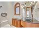 Modern powder room with a unique vessel sink and granite countertop at 9624 N Copper Ridge Trl, Fountain Hills, AZ 85268