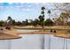 Scenic golf course view with palm trees and water features, under a blue sky, perfect for a relaxing game at 17635 N Buntline Dr, Sun City West, AZ 85375