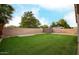 Artificial turf backyard with storage shed and block wall at 2304 S Abbey --, Mesa, AZ 85209