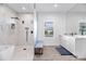 Elegant bathroom with dual vanities, a large shower, and marble finishes at 7480 E Sweetwater Ave, Scottsdale, AZ 85260