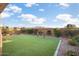 Landscaped backyard with artificial turf and mountain views at 27453 W Wahalla Ln, Buckeye, AZ 85396