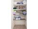 Well-organized linen closet with shelves for neatly folded towels and bedding at 11047 E Tupelo Ave, Mesa, AZ 85212