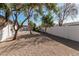 Backyard view showing gravel ground cover, trees, and a block wall at 6409 W Orange Dr, Glendale, AZ 85301