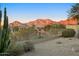 Landscaped backyard with mountain views and a security fence at 10760 E Caribbean Ln, Scottsdale, AZ 85255