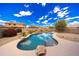 Inviting backyard pool with rock features, lush landscaping, and desert surroundings at 12503 S 175Th Ave, Goodyear, AZ 85338