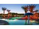 Expansive pool area with palm trees and lighting at night at 42593 W Falling Star Ct, Maricopa, AZ 85138