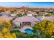 Aerial view showcasing a home's pool, backyard, and surrounding neighborhood at 9690 N 117Th Way, Scottsdale, AZ 85259