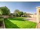 Landscaped backyard with grassy lawn, brick patio, and mature trees at 10789 W Saddlehorn Rd, Peoria, AZ 85383