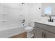 Clean bathroom with gray vanity, shower/tub combo and wood floor at 2820 W Eagle Talon Rd, Phoenix, AZ 85085