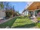 Spacious grassy backyard with mature plants and a patio at 10929 E North Ln, Scottsdale, AZ 85259