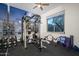 Home gym with weight machine, wall mounted TV, and beach mural at 29991 N 78Th Pl, Scottsdale, AZ 85266