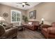 Sitting room with leather sofas, wood floors, and large window at 5429 E Barwick Dr, Cave Creek, AZ 85331