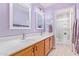 Bathroom with double sinks, wood cabinets, and a shower at 1684 E Coconino Dr, Chandler, AZ 85249