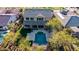 Aerial view of a luxurious backyard with a swimming pool and covered patio, perfect for outdoor living at 4813 S Quantum Way, Mesa, AZ 85212