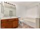 Bathroom featuring a soaking tub, tiled floor, and wood cabinet at 9233 E Lobo Ave, Mesa, AZ 85209