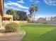 Large backyard with grassy area, mature trees, and a patio at 6623 W Robin Ln, Glendale, AZ 85310