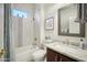 Small bathroom with shower/tub combo and granite vanity at 42028 N Crooked Stick Rd, Anthem, AZ 85086