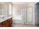 Bathroom with soaking tub, shower, and wood vanity at 17528 W East Wind Ave, Goodyear, AZ 85338